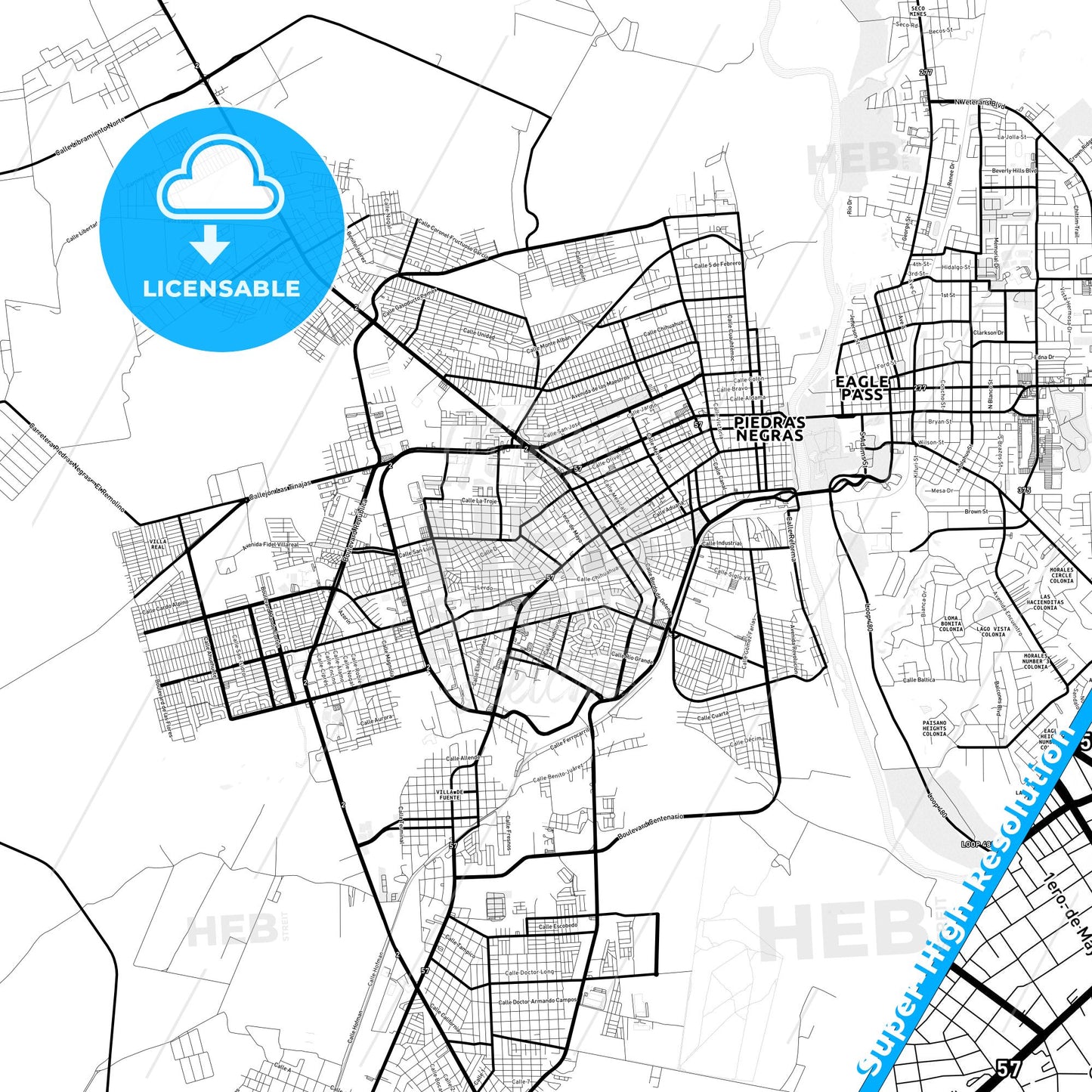 Piedras Negras, Mexico Light Map with Street Names, City Names, and Districts
