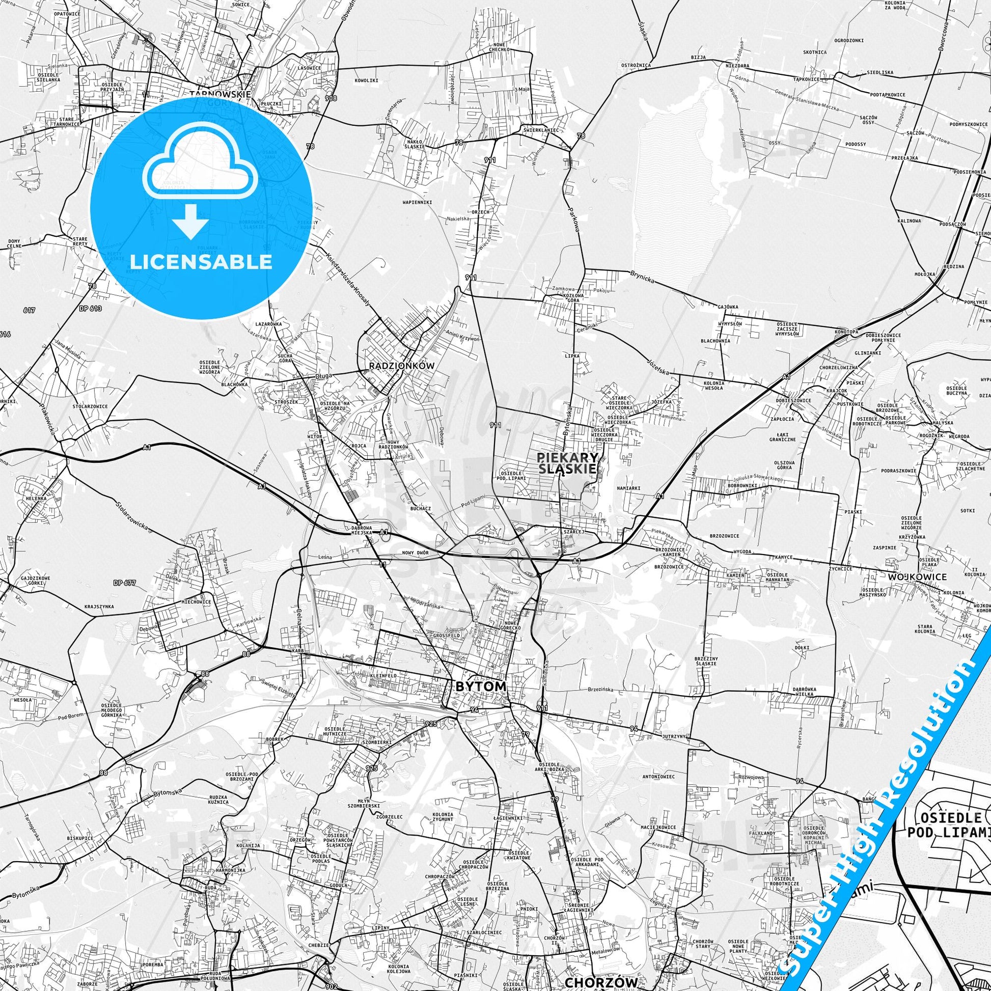 Piekary Śląskie, Poland light map with streetnames, citynames and districts