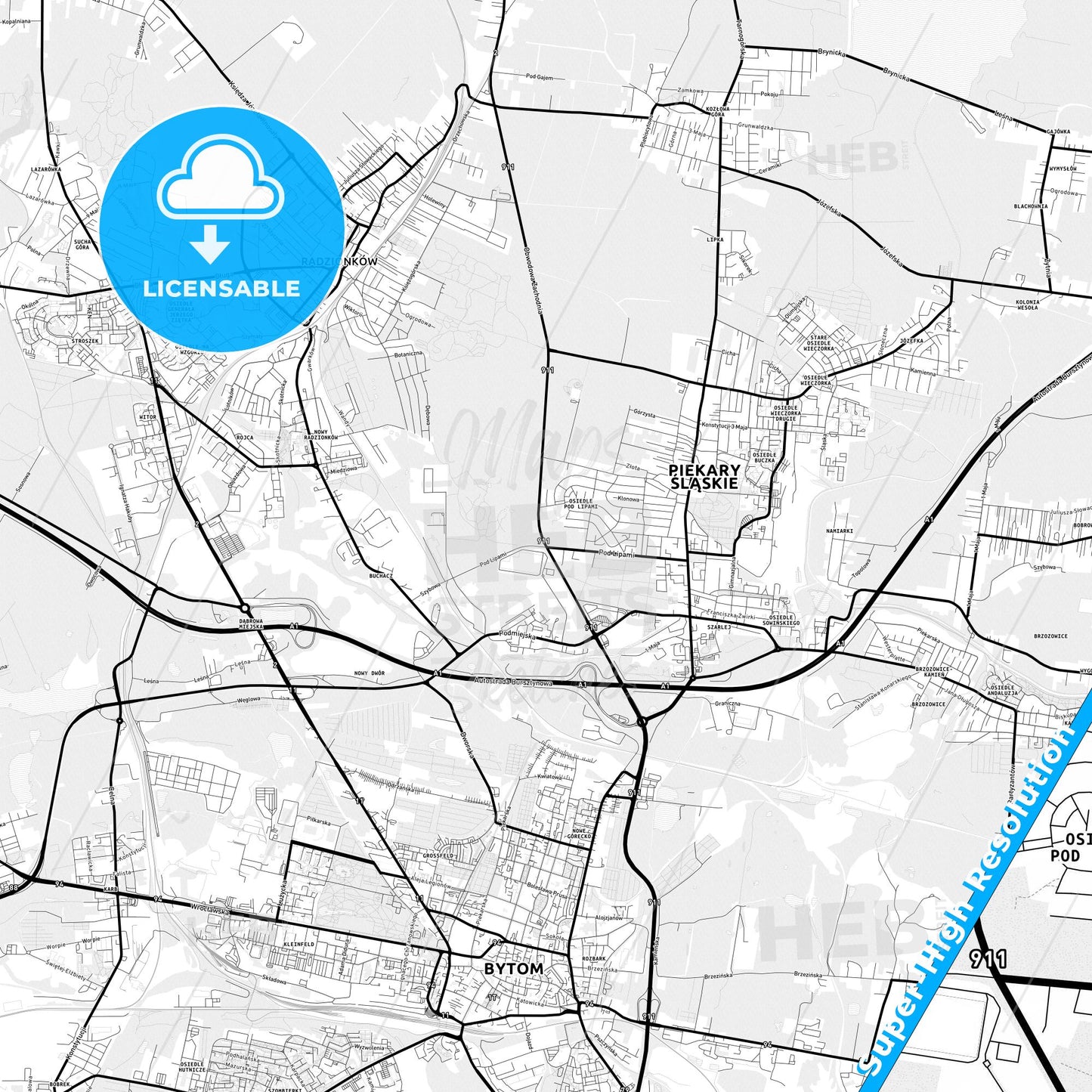 Piekary Śląskie, Poland Light Map with Street Names, City Names, and Districts