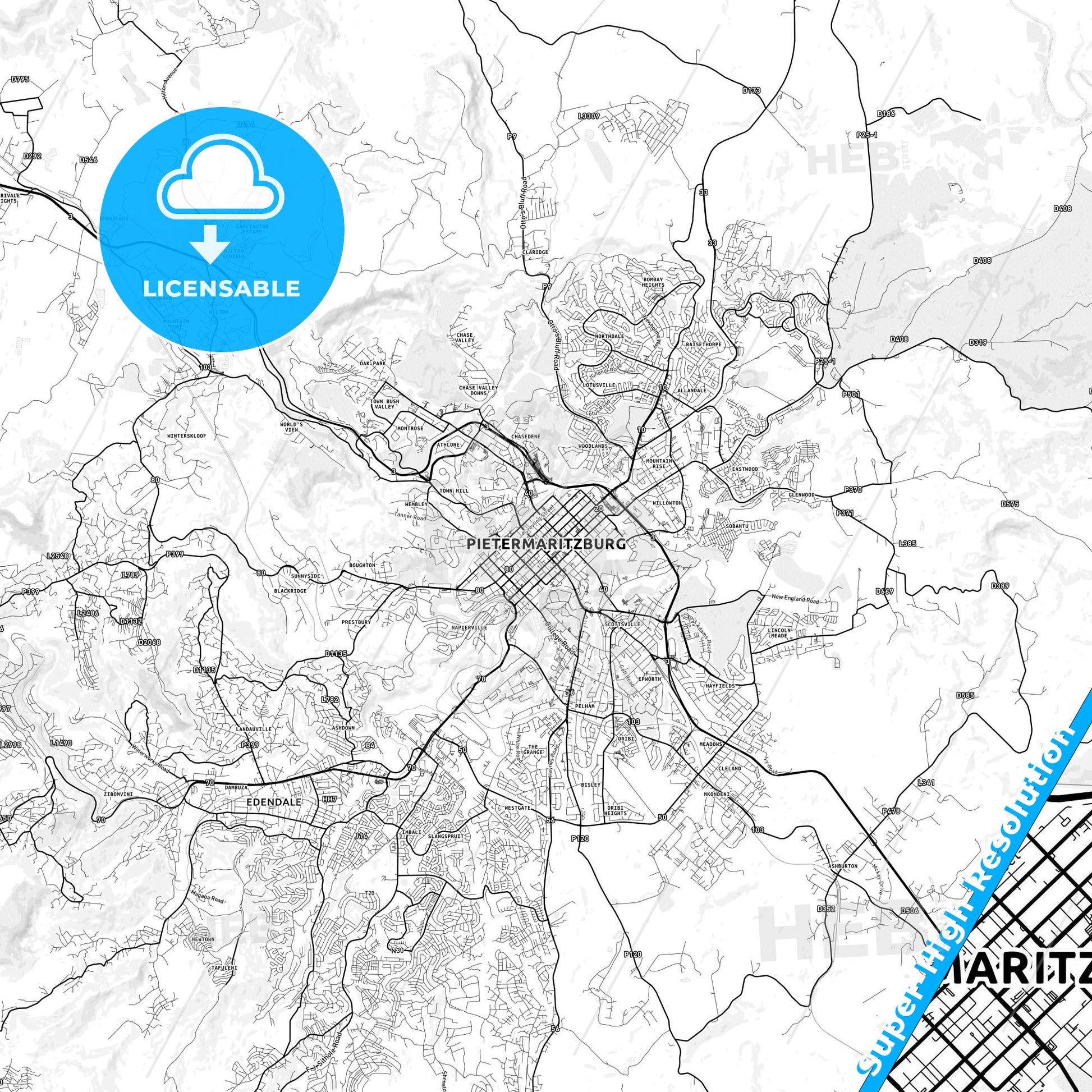 Pietermaritzburg, South Africa light map with streetnames, citynames and districts