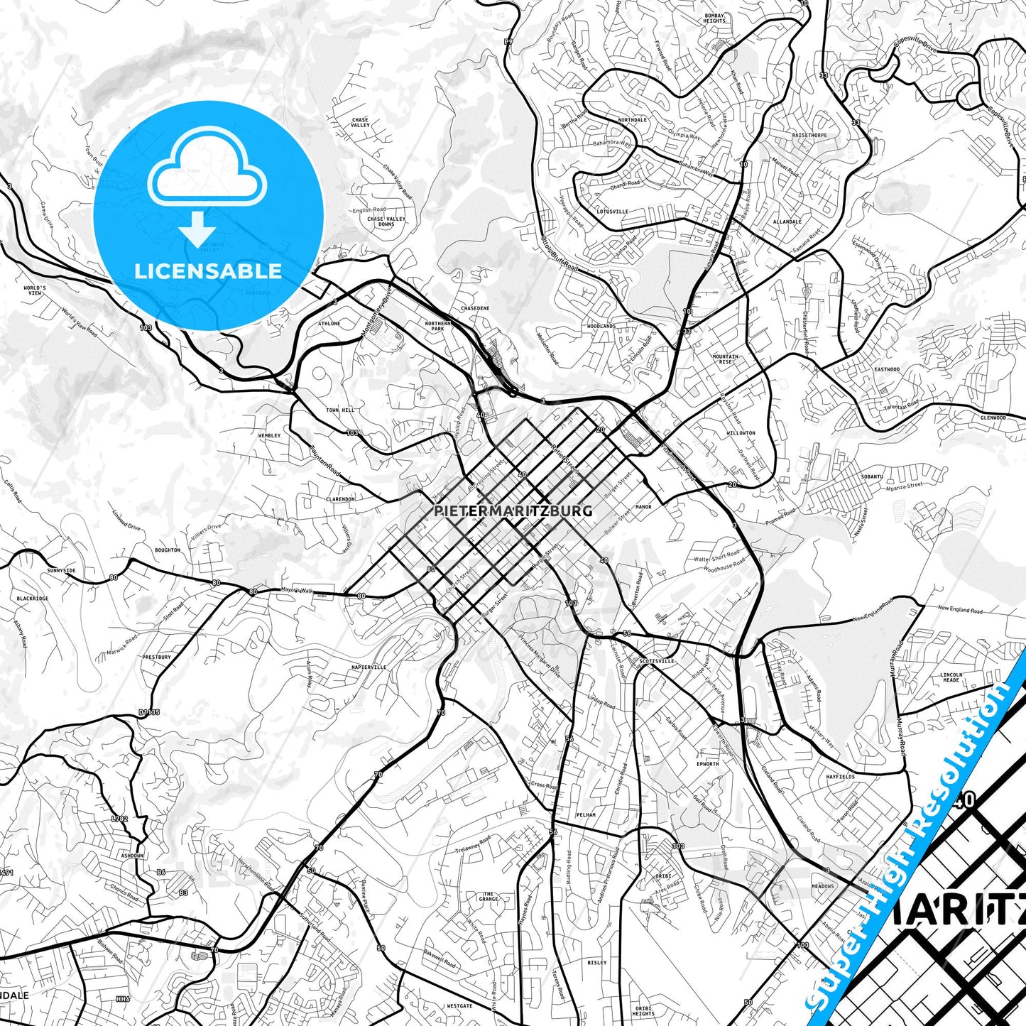 Pietermaritzburg, South Africa Light Map with Street Names, City Names, and Districts