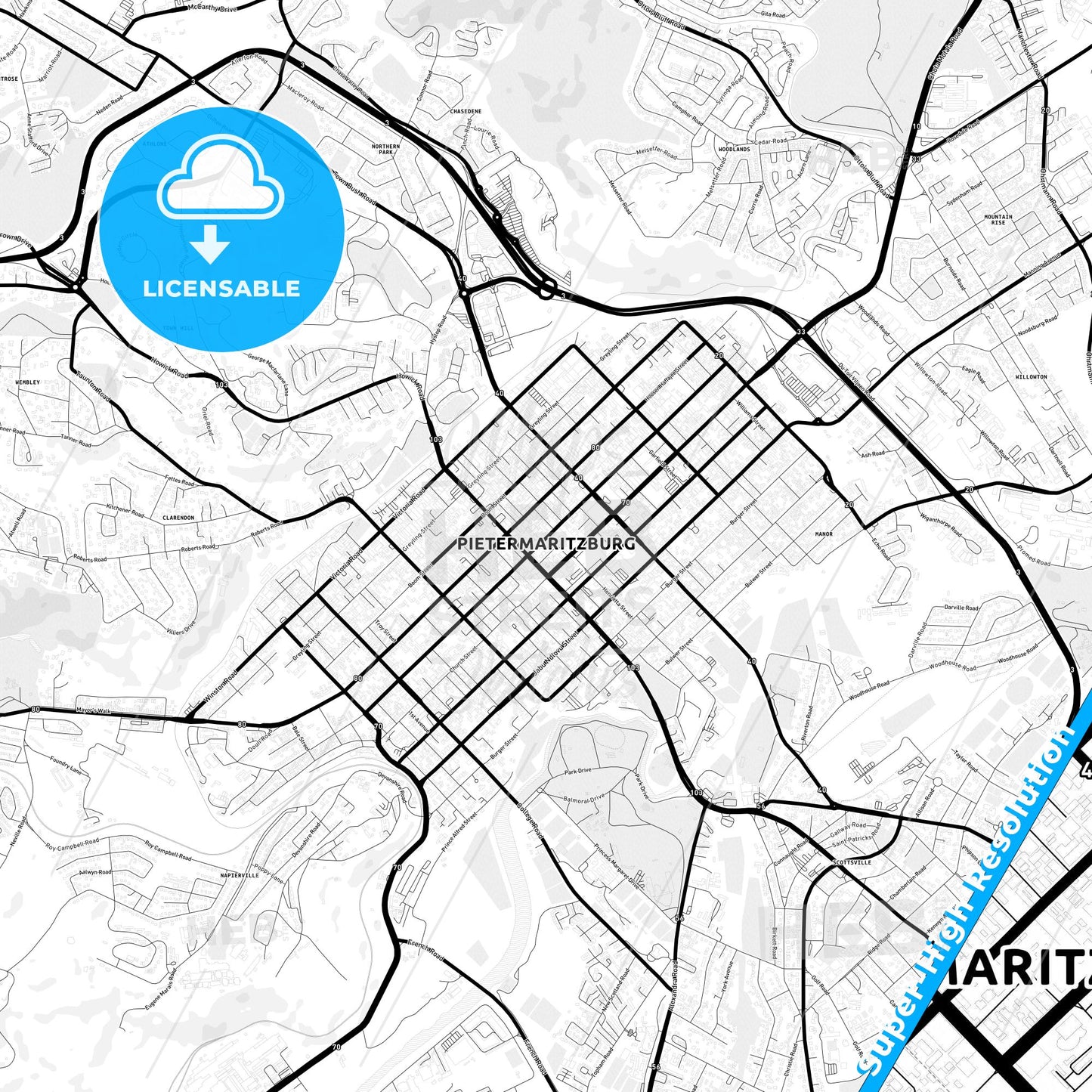 Pietermaritzburg, South Africa Light Map with Street Names, City Names, and Districts