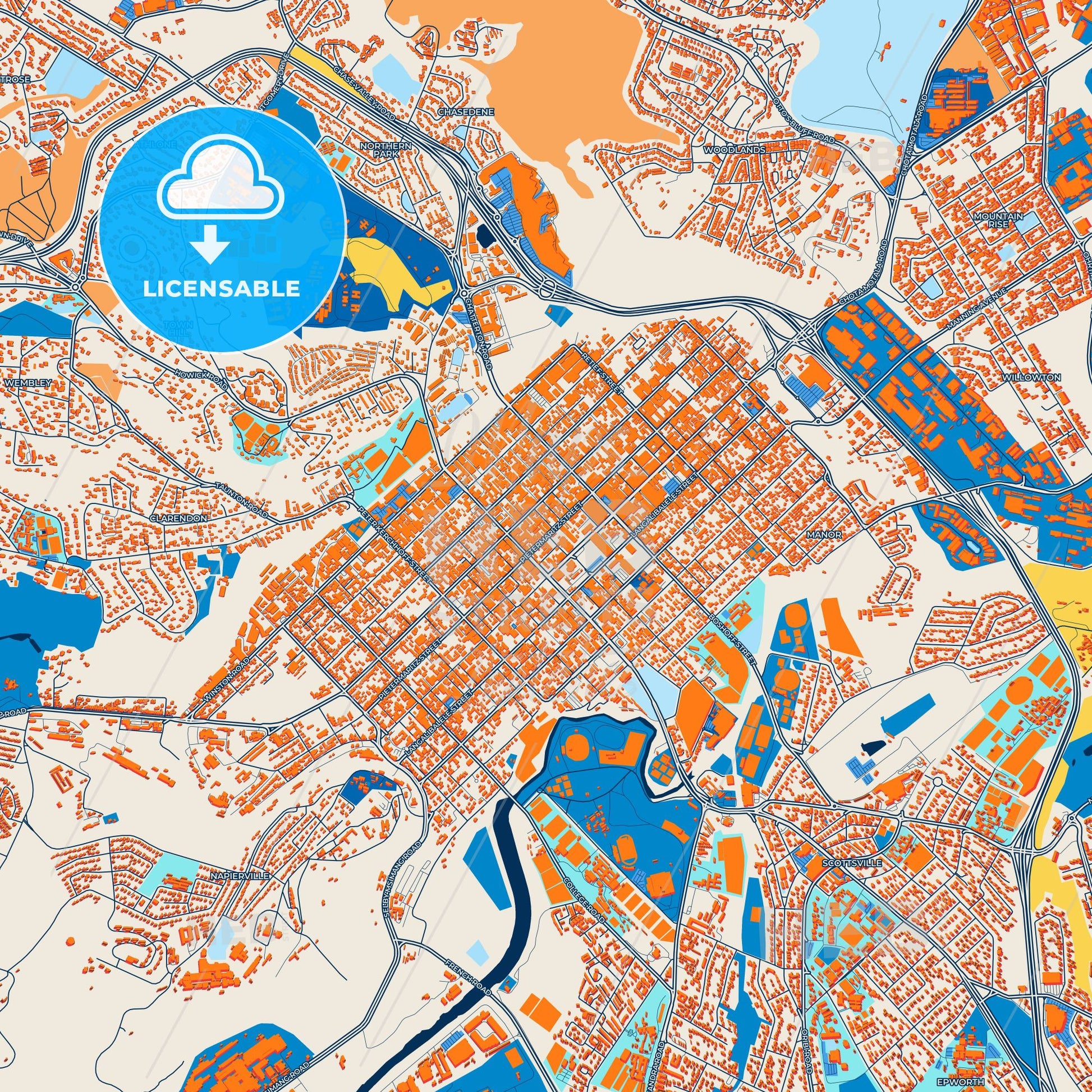 Colorful Pietermaritzburg Street Map with Labels and Buildings