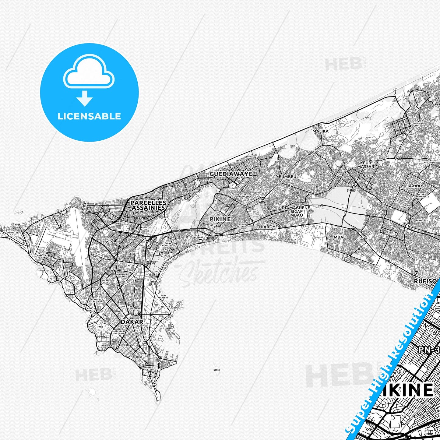 Pikine, Senegal light map with streetnames, citynames and districts