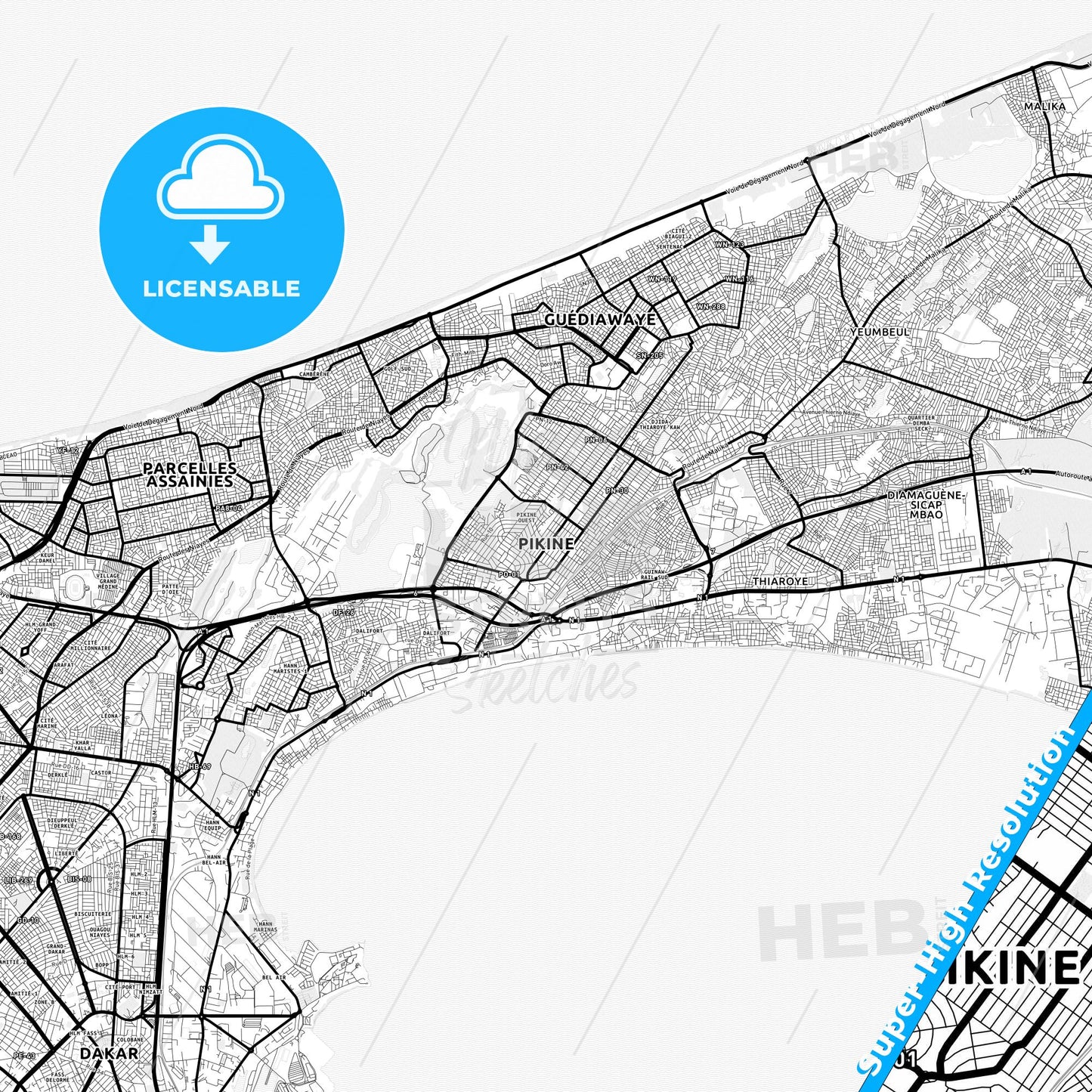 Pikine, Senegal Light Map with Street Names, City Names, and Districts