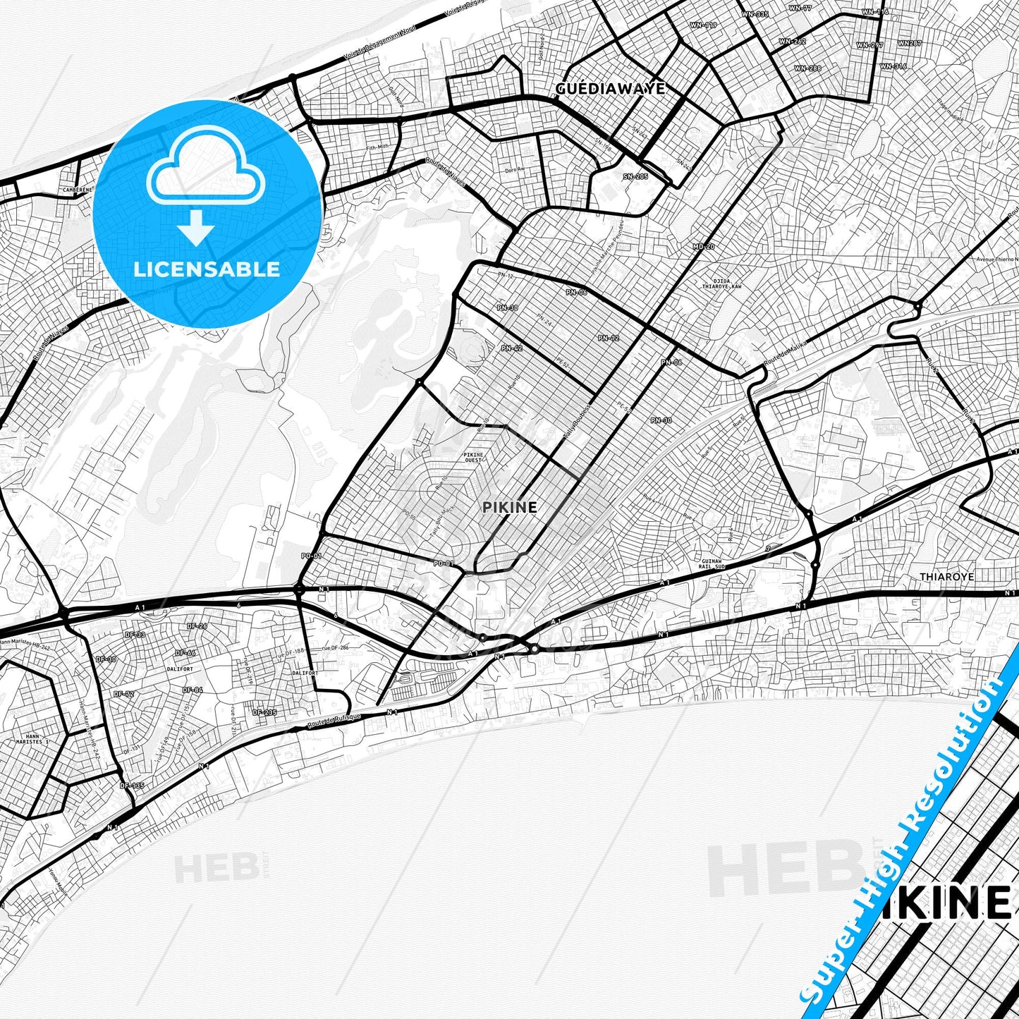 Pikine, Senegal Light Map with Street Names, City Names, and Districts