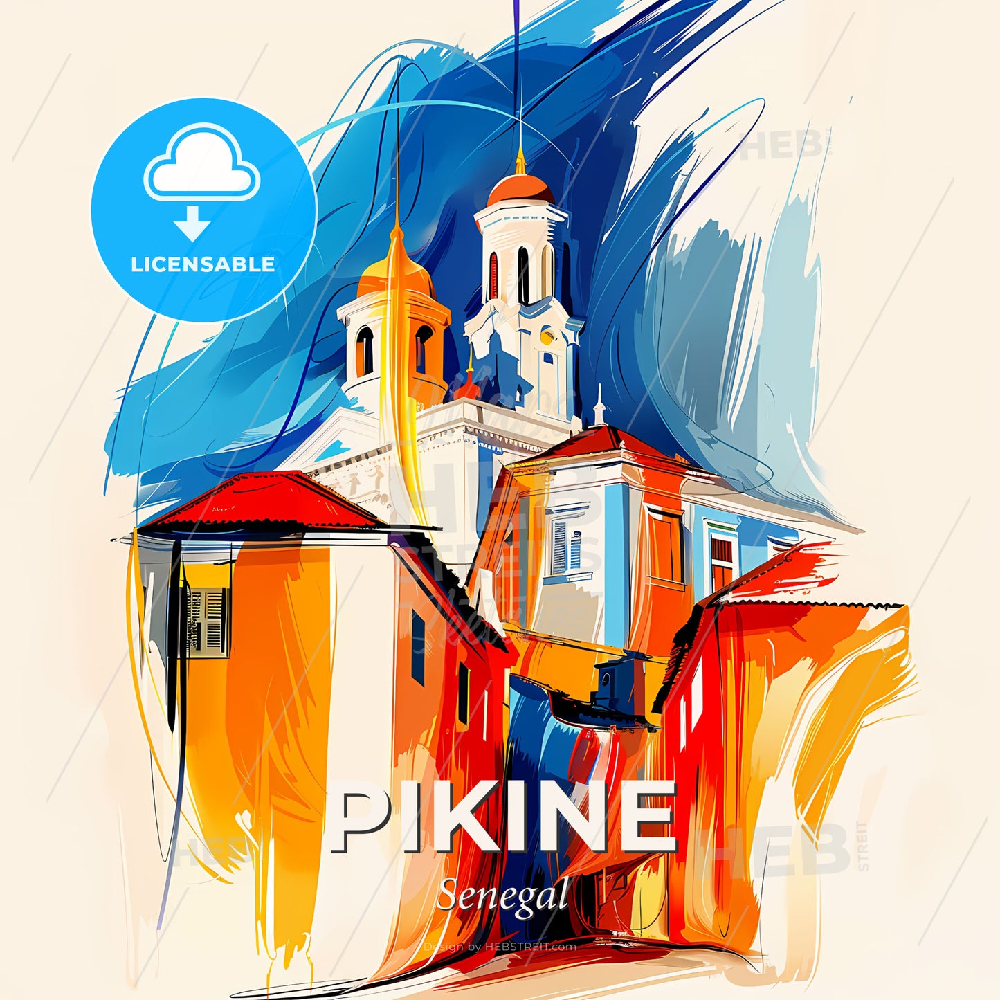 Vibrant Pikine, Senegal - A Painting Of A Building With A Steeple - Square format print template