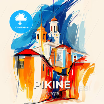 Vibrant Pikine, Senegal - A Painting Of A Building With A Steeple - Square format print template