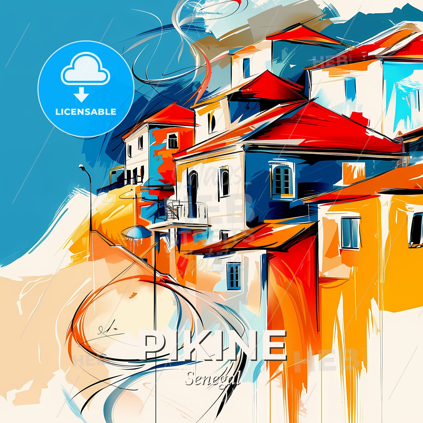 Vibrant Pikine, Senegal - A Painting Of A Colorful Town - Square format print template