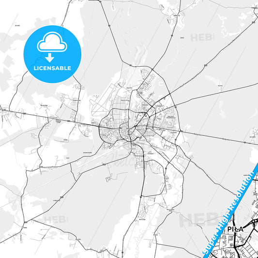 Piła, Poland light map with streetnames, citynames and districts