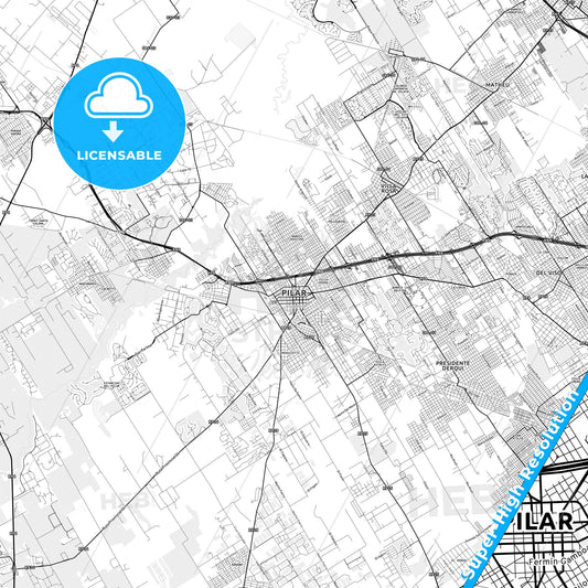 Pilar, Argentina light map with streetnames, citynames and districts