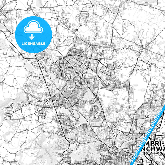 Pimpri-Chinchwad, India light map with streetnames, citynames and districts