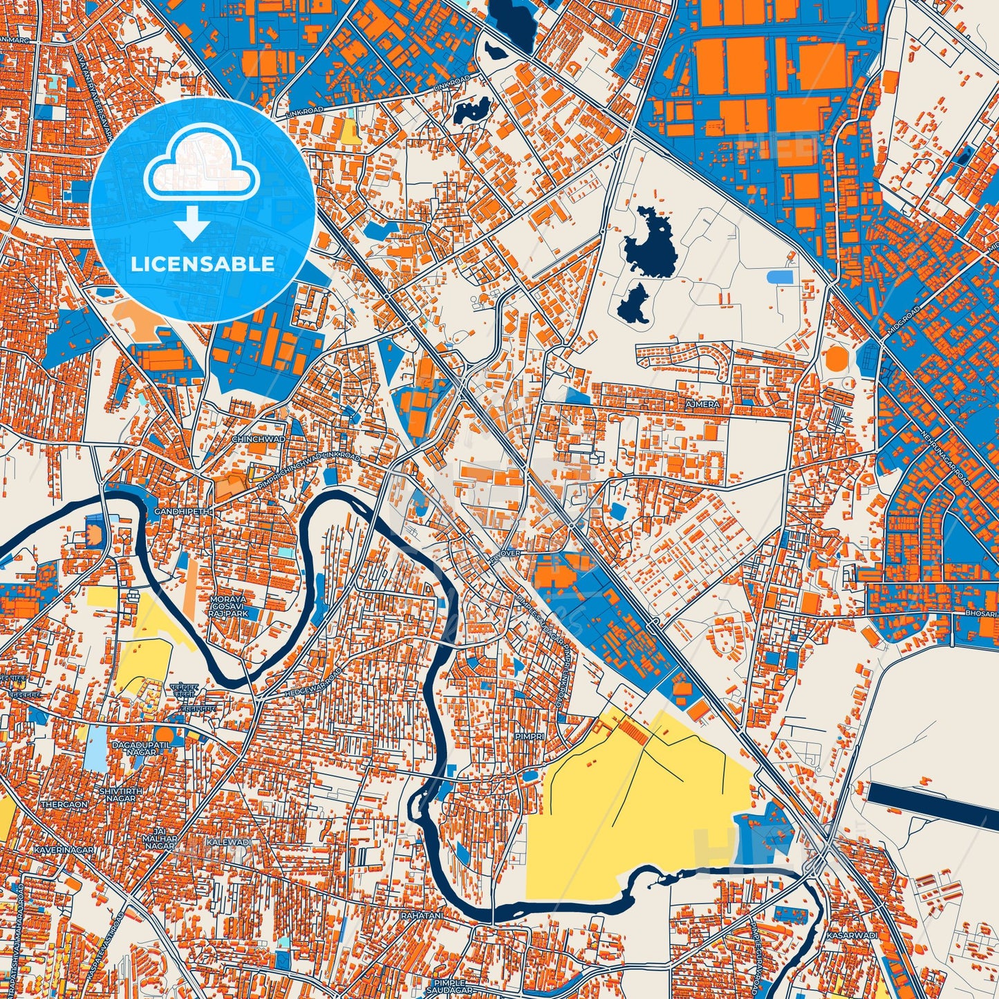 Colorful Pimpri-Chinchwad Street Map with Labels and Buildings