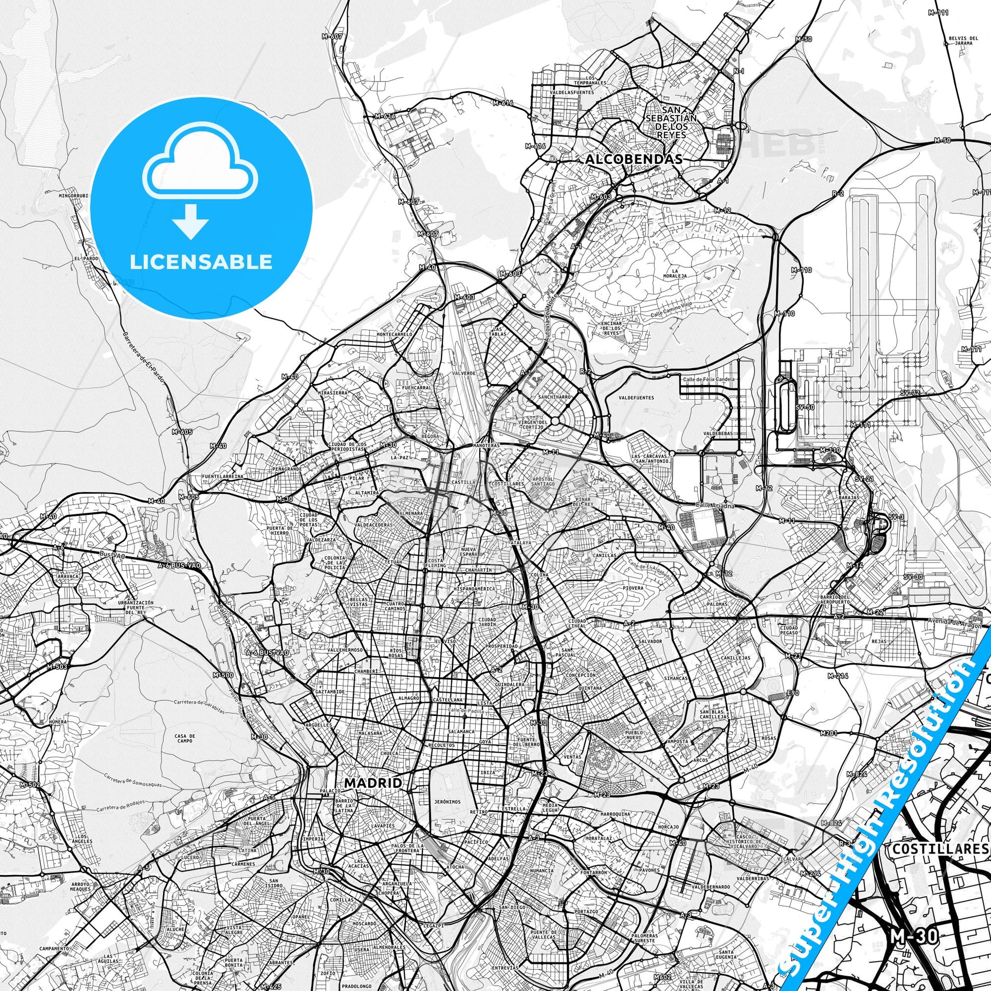 Pinar de Chamartín, Spain light map with streetnames, citynames and districts
