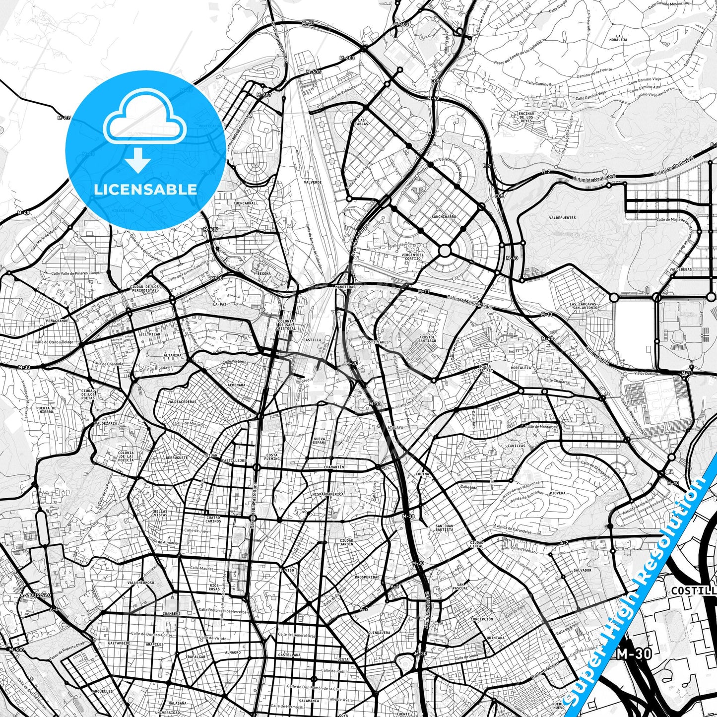 Pinar de Chamartín, Spain Light Map with Street Names, City Names, and Districts
