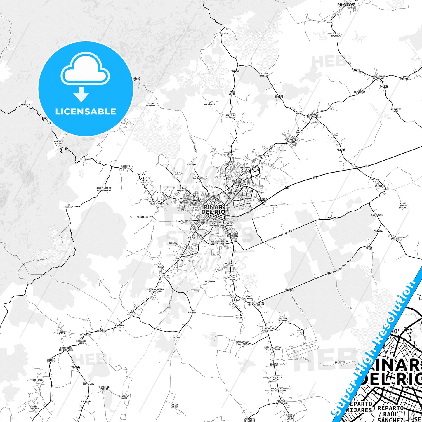 Pinar del Río, Cuba light map with streetnames, citynames and districts