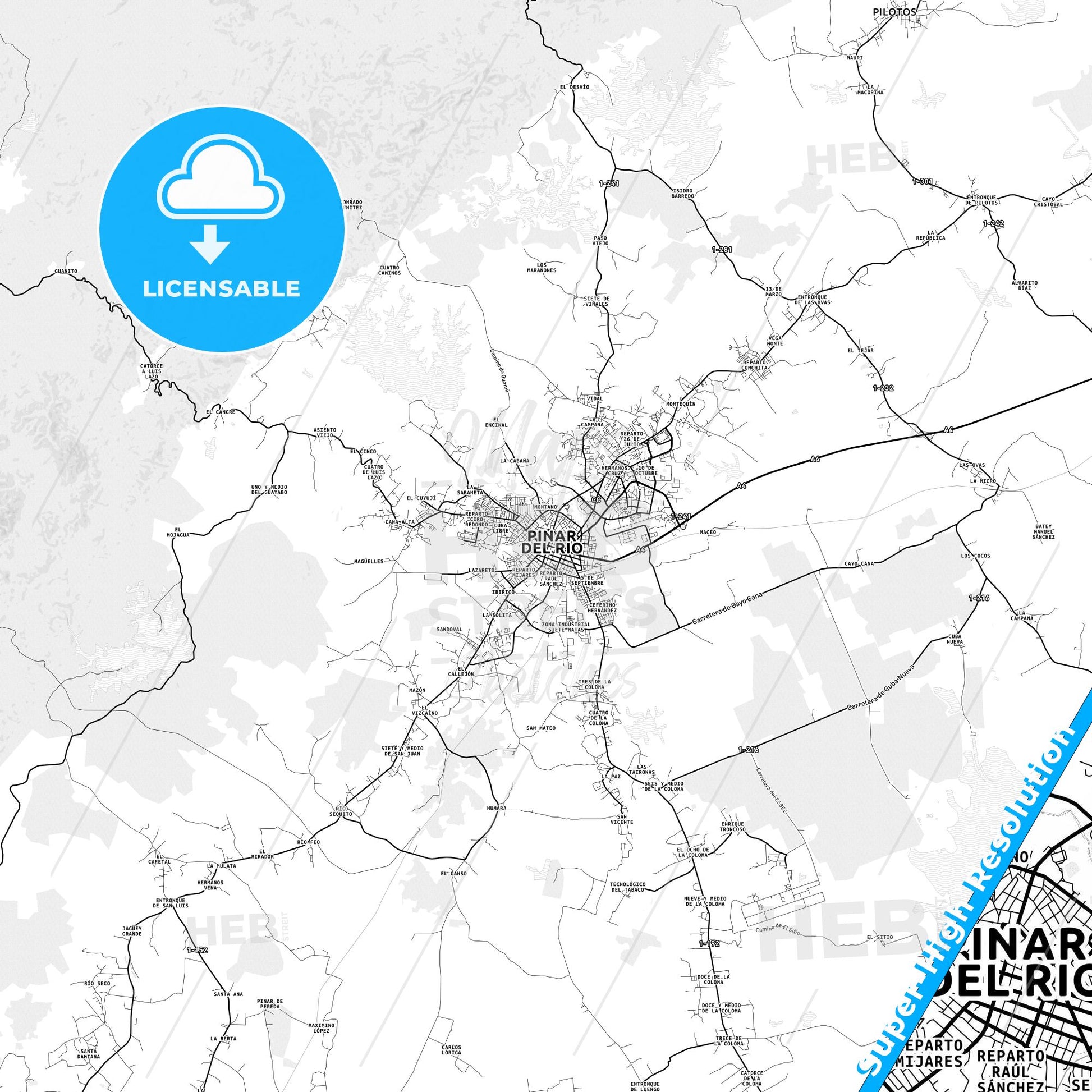 Pinar del Río, Cuba light map with streetnames, citynames and districts
