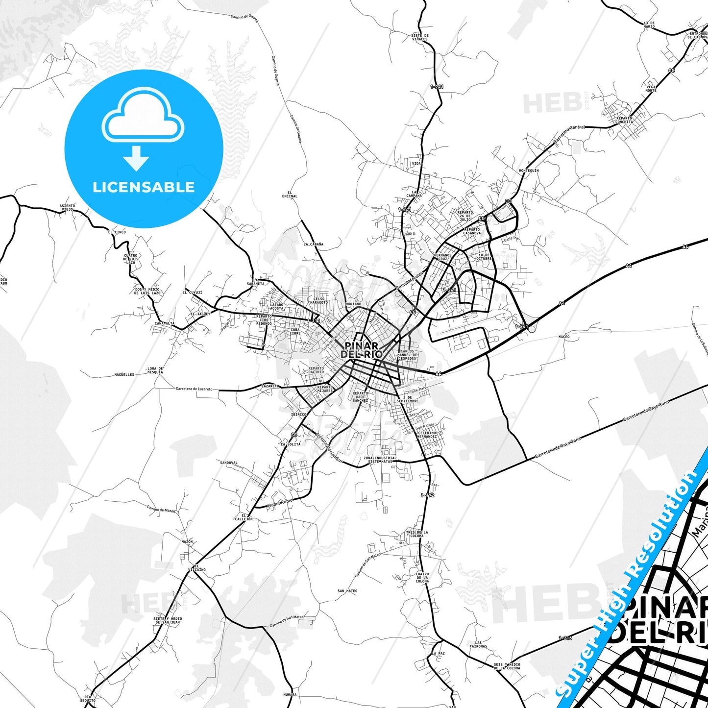 Pinar del Río, Cuba Light Map with Street Names, City Names, and Districts