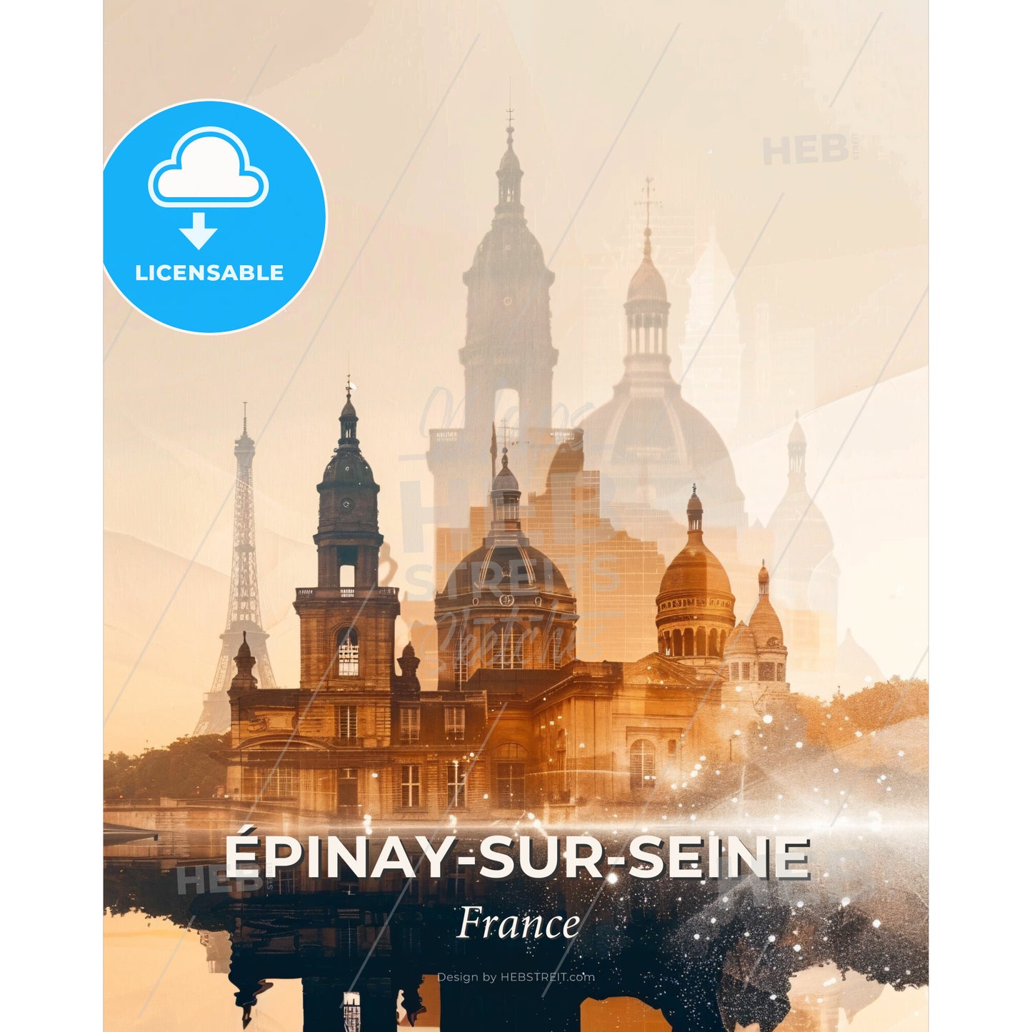 Épinay-sur-Seine City Skyline Silhouette Composite - A building with towers and a body of water - Square format print template