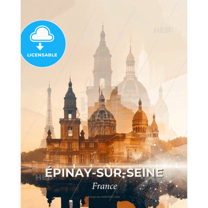 Épinay-sur-Seine City Skyline Silhouette Composite - A building with towers and a body of water - Square format print template
