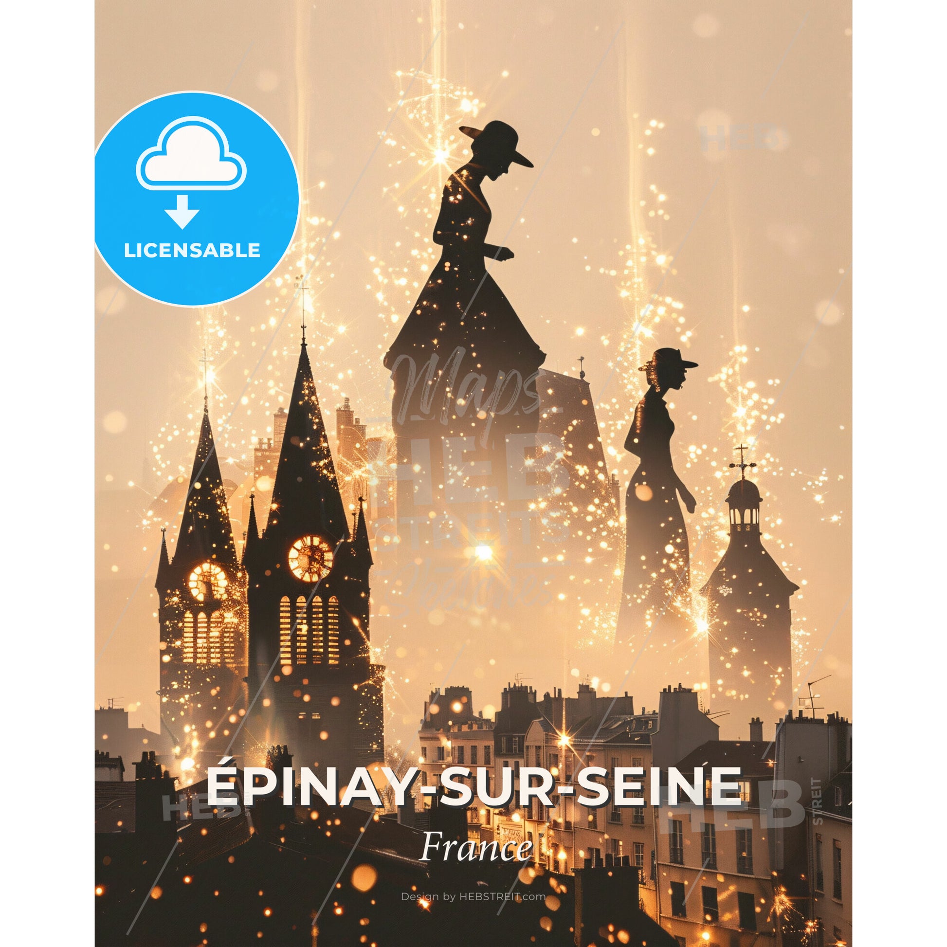 Épinay-sur-Seine Skyline Double-Exposure Art Poster - A group of people standing on top of a building with fireworks - Square format print template