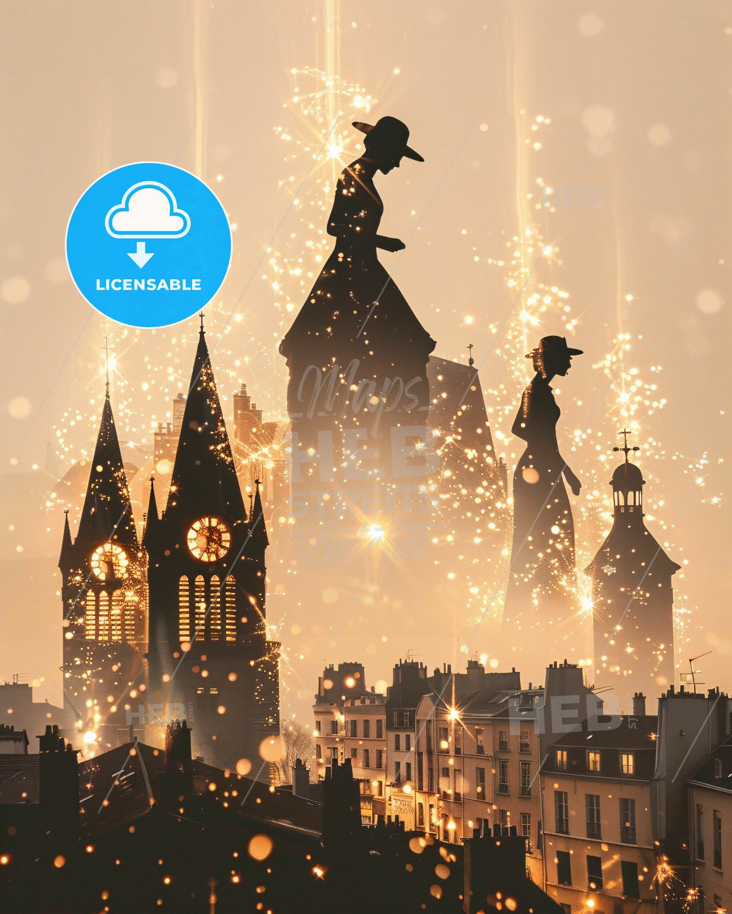 Épinay-sur-Seine Skyline Double-Exposure Art Poster - A group of people standing on top of a building with fireworks