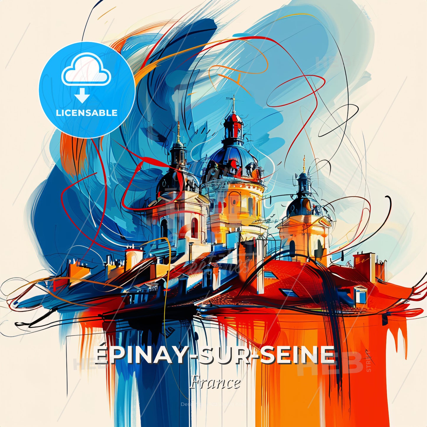 Vibrant Épinay-Sur-Seine, France - A Painting Of A Building With A Colorful Background - Square format print template