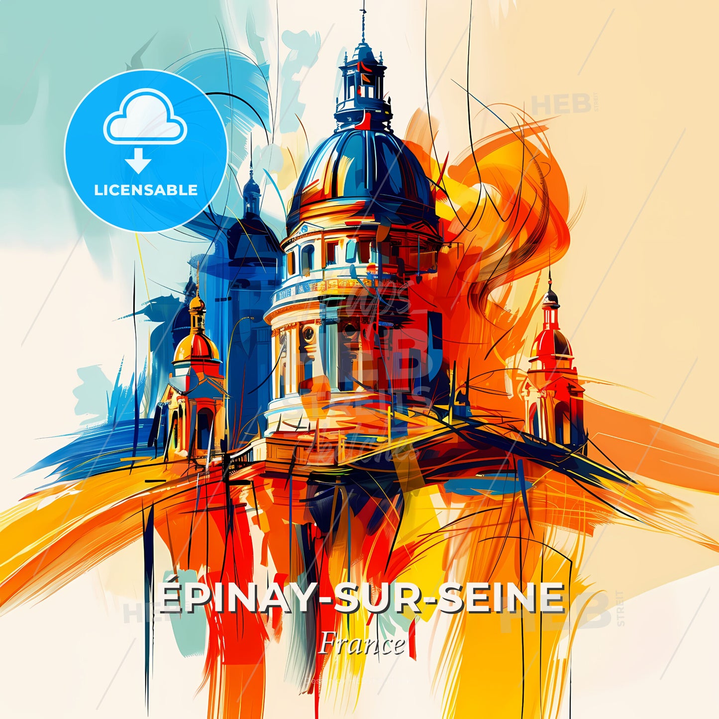Vibrant Épinay-Sur-Seine, France - A Painting Of A Building With A Dome And A Colorful Background - Square format print template