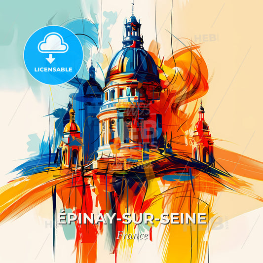 Vibrant Épinay-Sur-Seine, France - A Painting Of A Building With A Dome And A Colorful Background - Square format print template