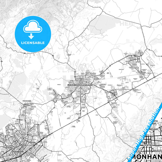 Pindamonhangaba, Brazil light map with streetnames, citynames and districts