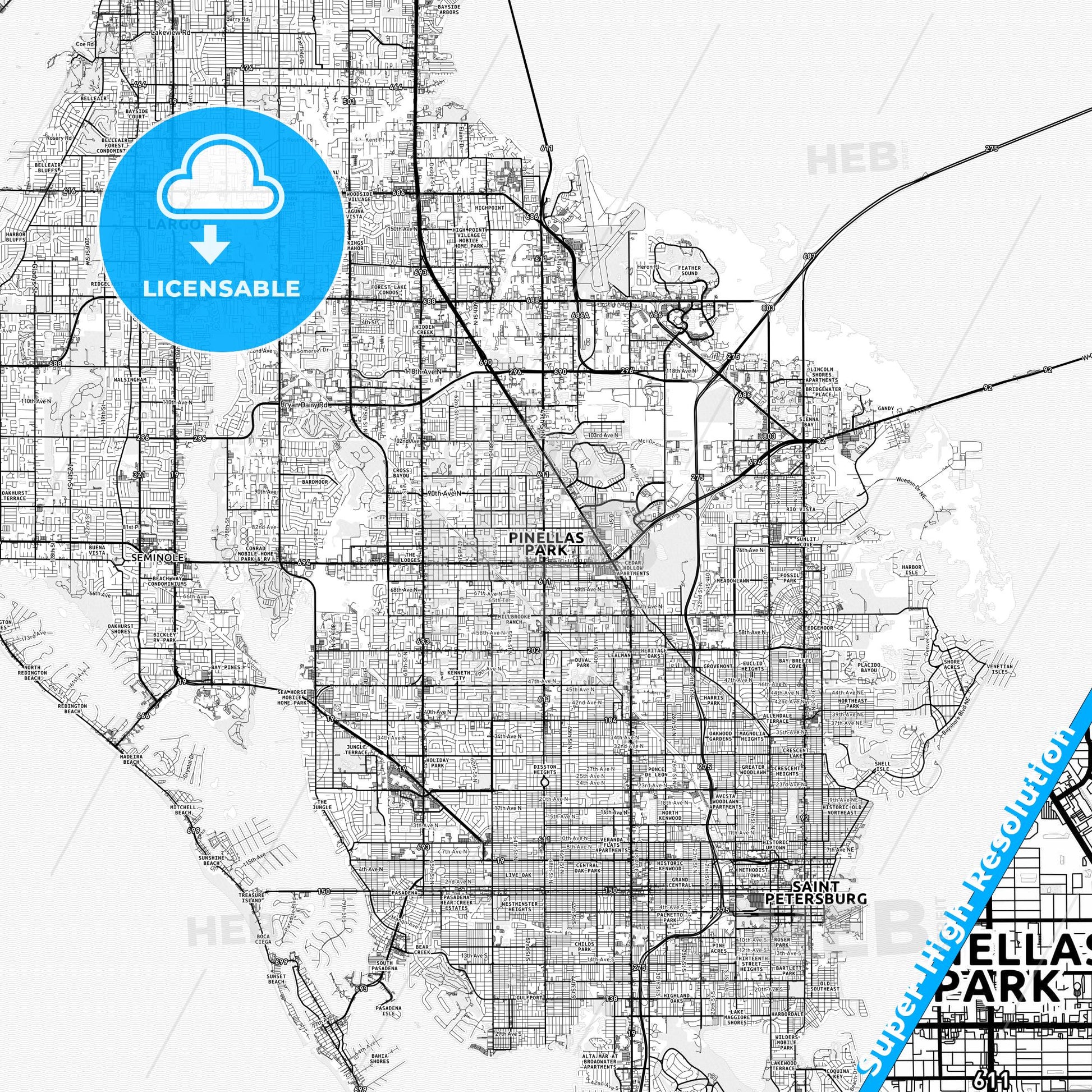 Pinellas Park, Florida light map with streetnames, citynames and districts
