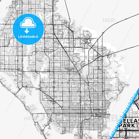 Pinellas Park, Florida light map with streetnames, citynames and districts