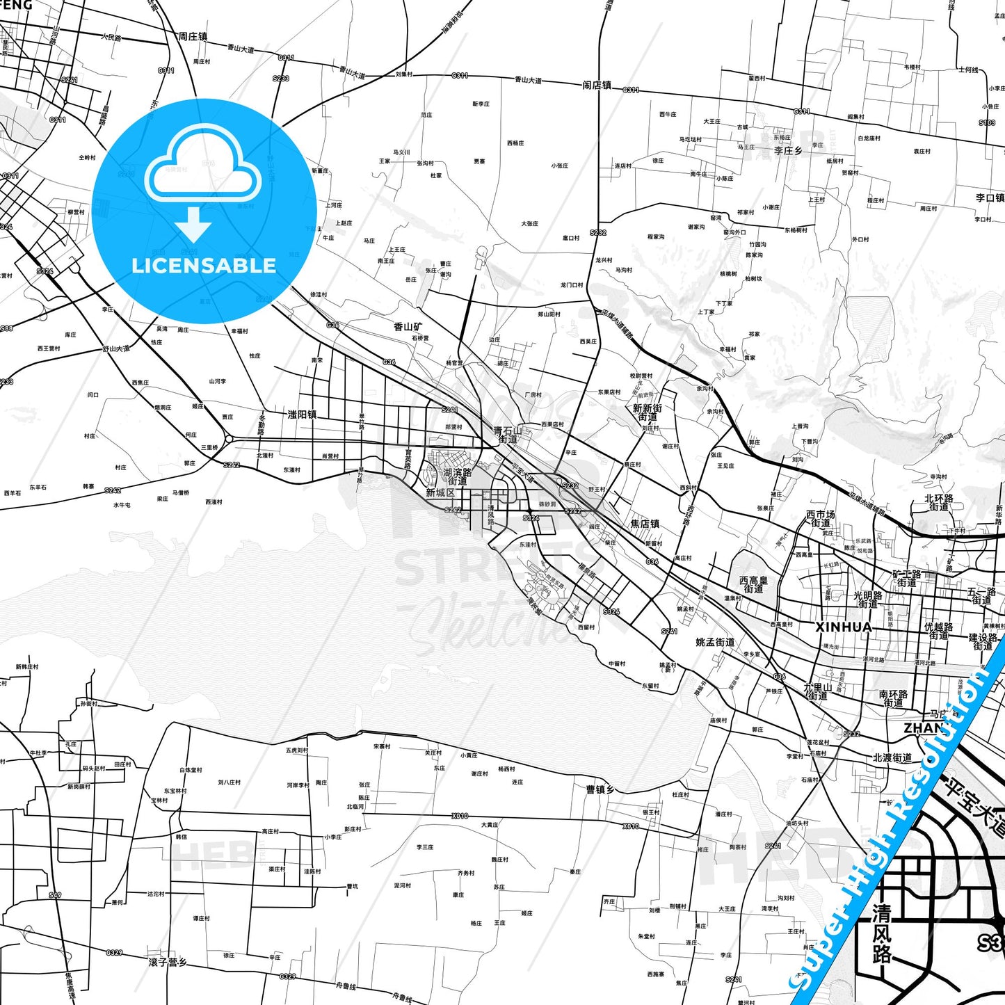 Pingdingshan, China light map with streetnames, citynames and districts