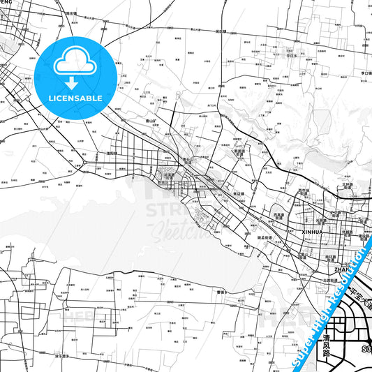 Pingdingshan, China light map with streetnames, citynames and districts