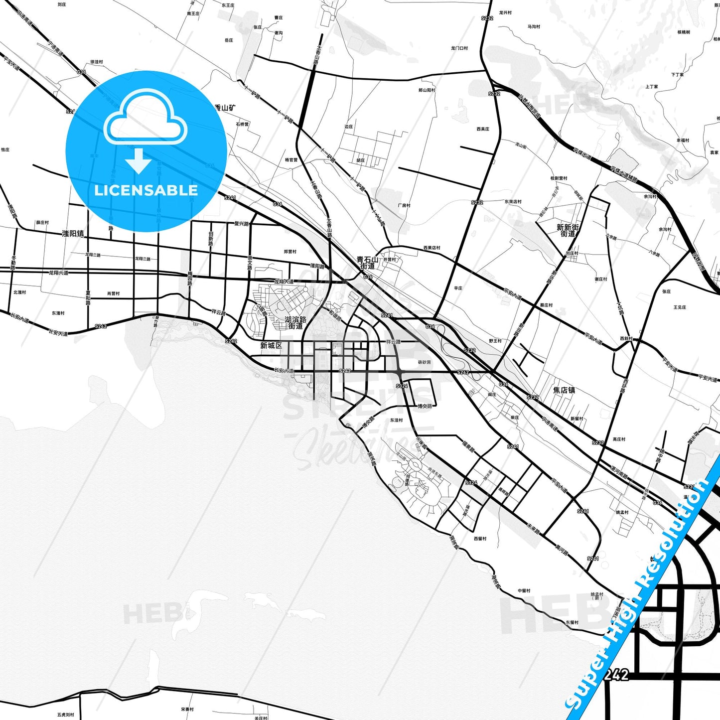 Pingdingshan, China Light Map with Street Names, City Names, and Districts