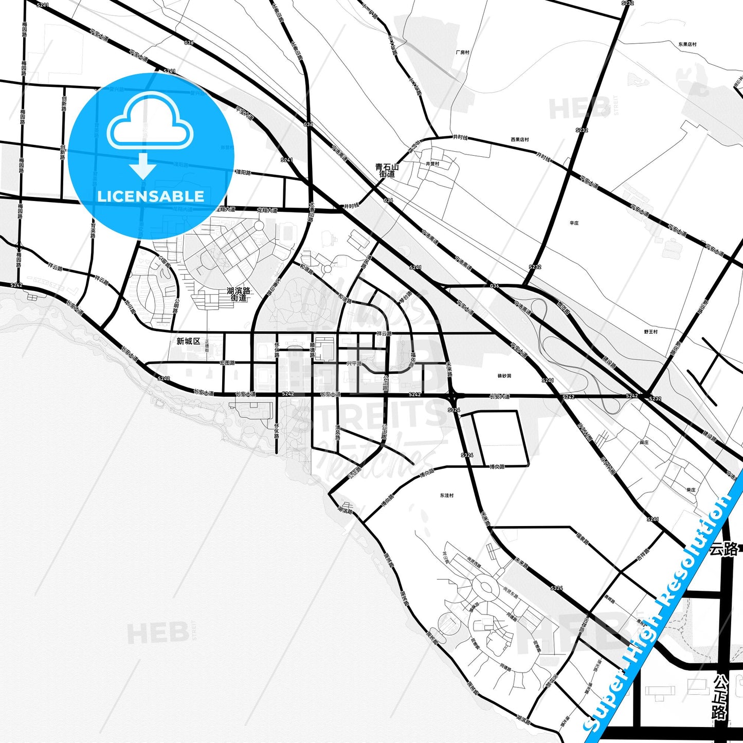 Pingdingshan, China Light Map with Street Names, City Names, and Districts
