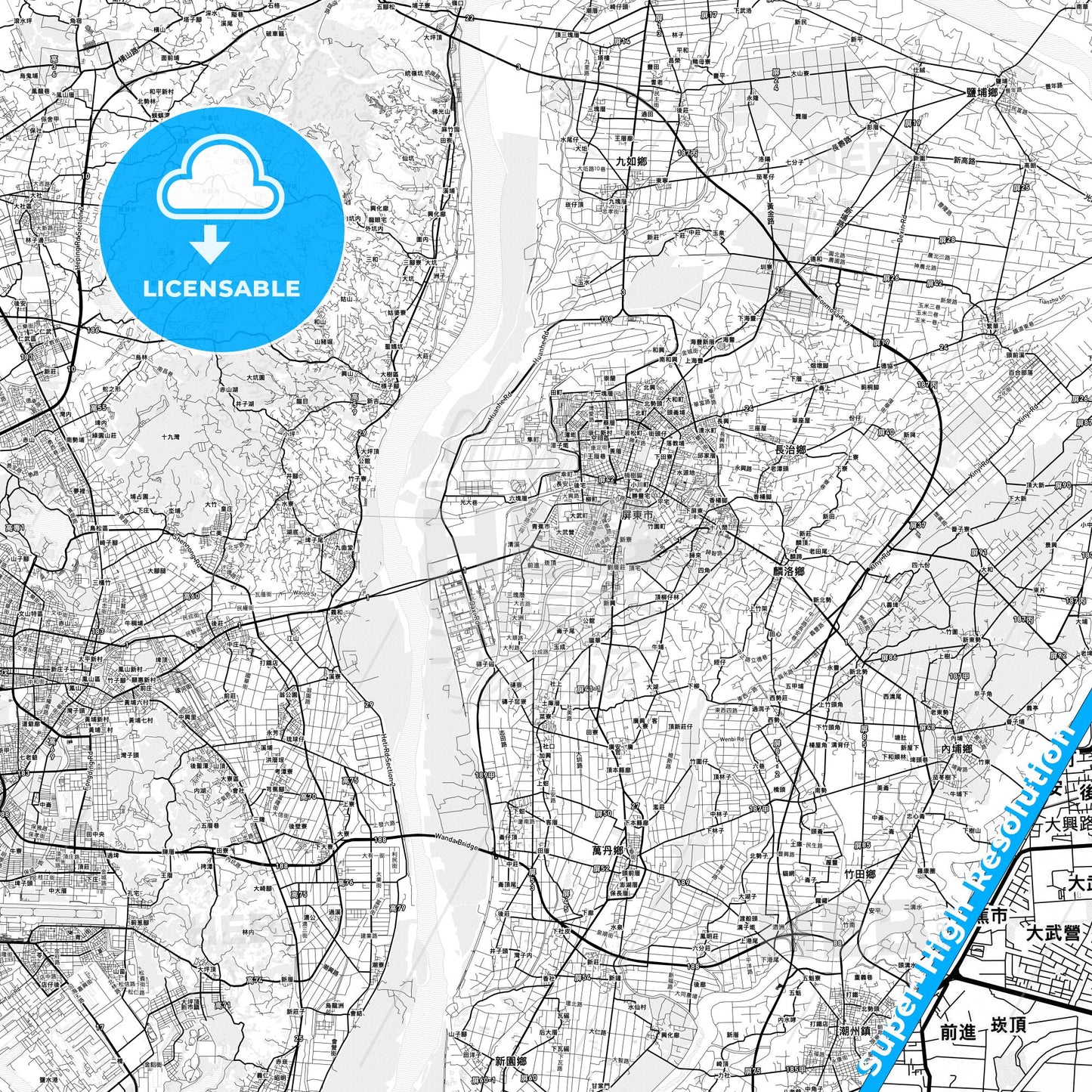Pingtung, Taiwan light map with streetnames, citynames and districts