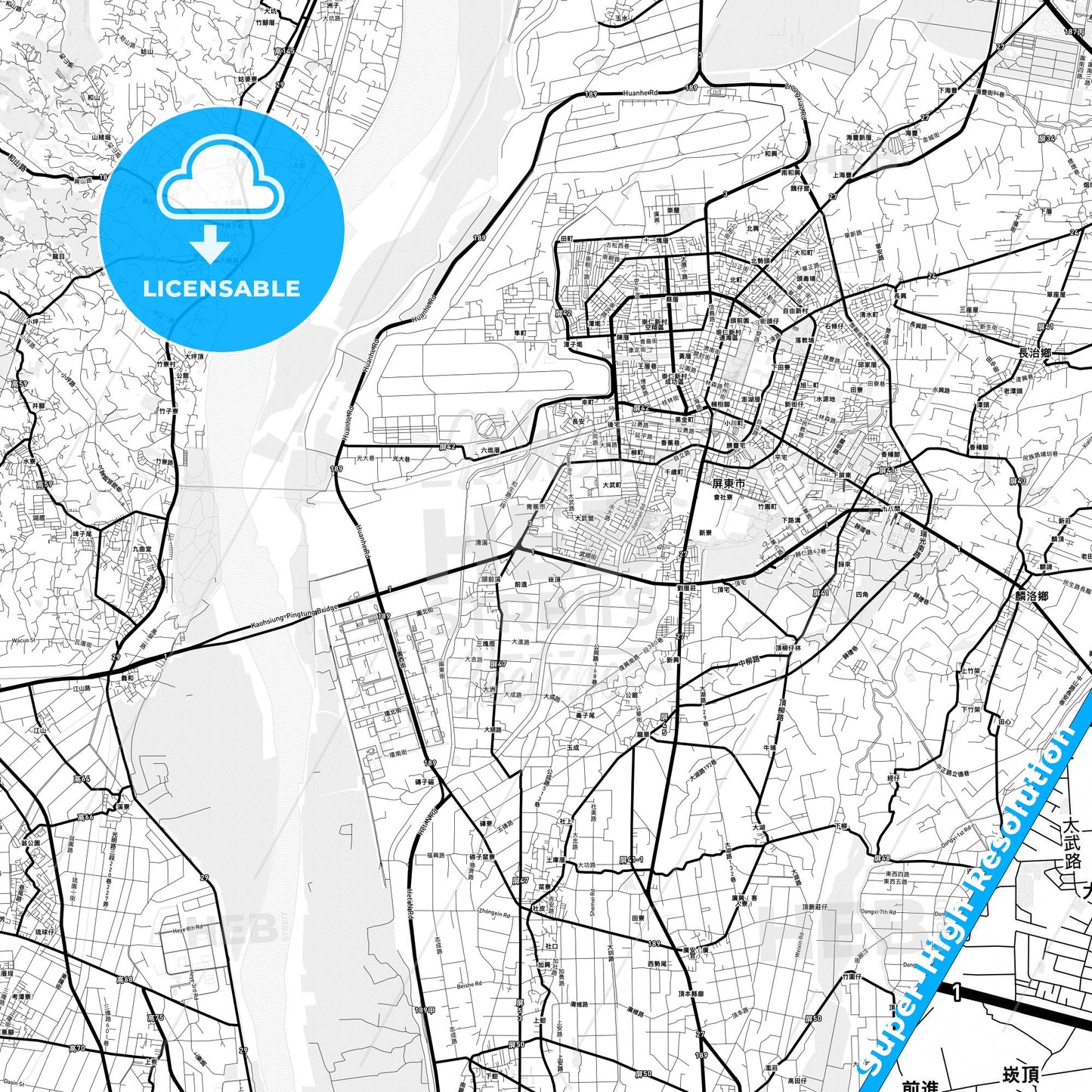 Pingtung, Taiwan Light Map with Street Names, City Names, and Districts