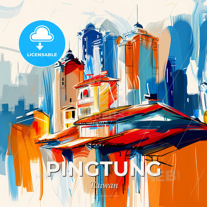 Vibrant Pingtung, Taiwan - A Painting Of Buildings And Towers - Square format print template