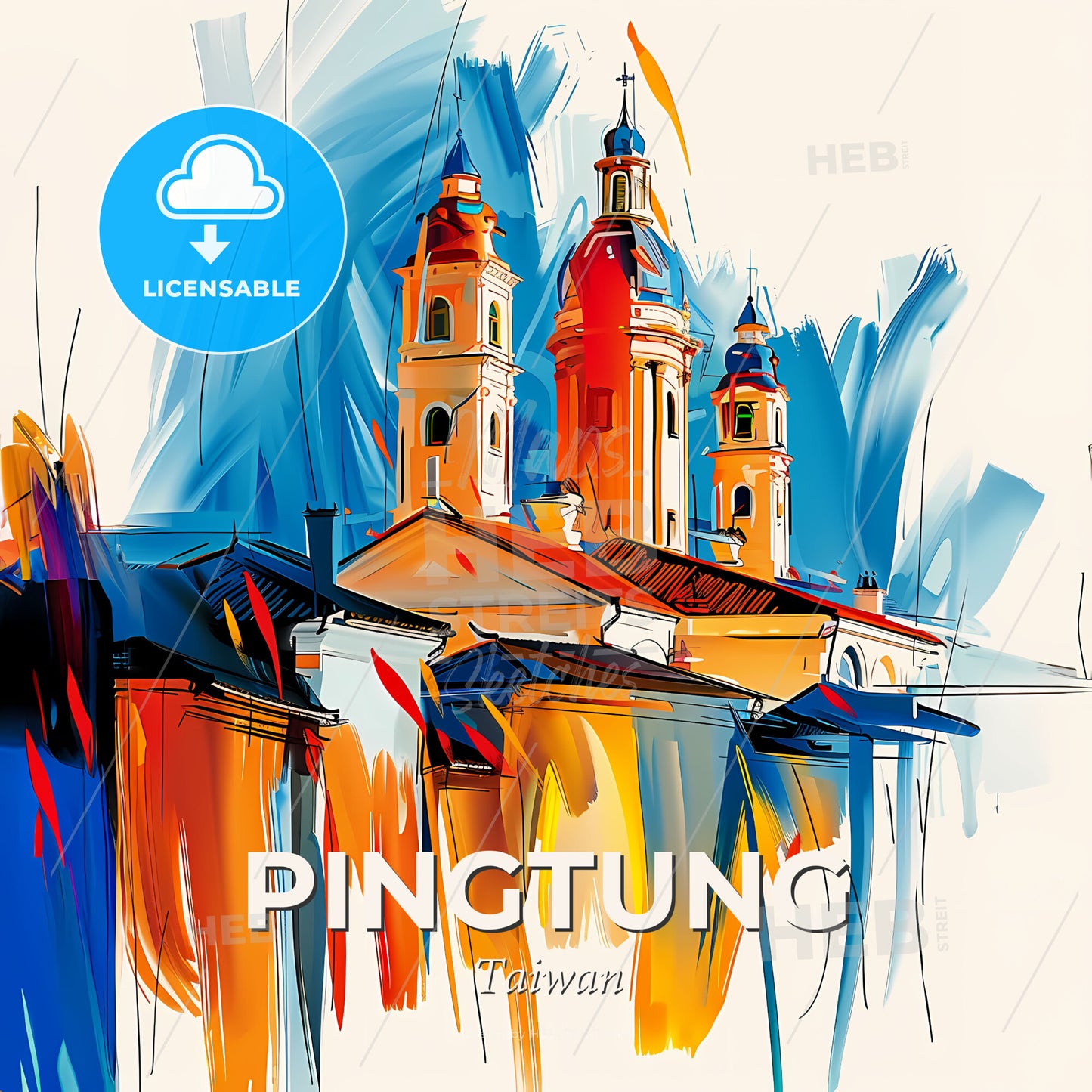 Vibrant Pingtung, Taiwan - A Painting Of A Building With Towers - Square format print template