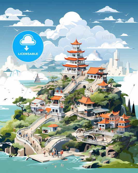 Pingtung Painting Taiwan Skyline Vibrant Building Impressionistic Art