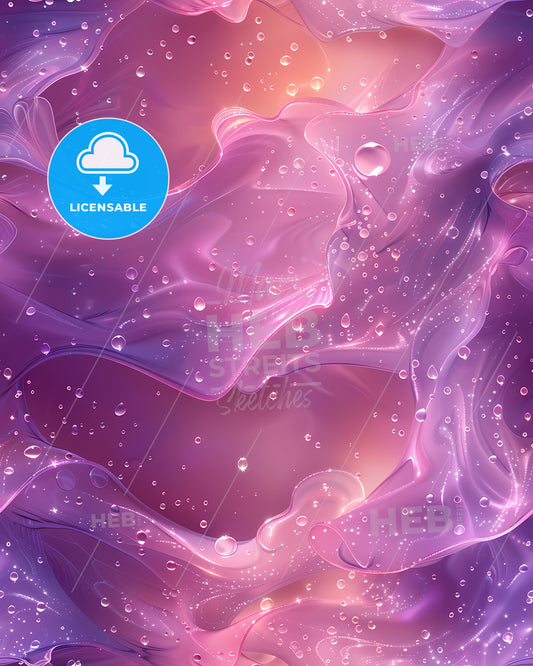 Vibrant Abstract Art Painting with Pink, Purple Wavy Lines and Floating Water Droplets Depicting Water as Art