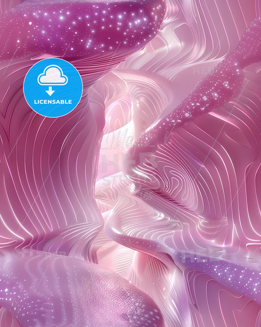 Vibrant Pink and Purple Swirling Lines Artwork with Floating Water Droplets on a Pastel Background