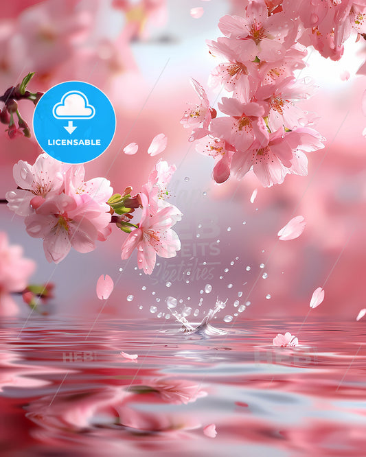 Ethereal Cherry Blossom Water Ripples Pink Background