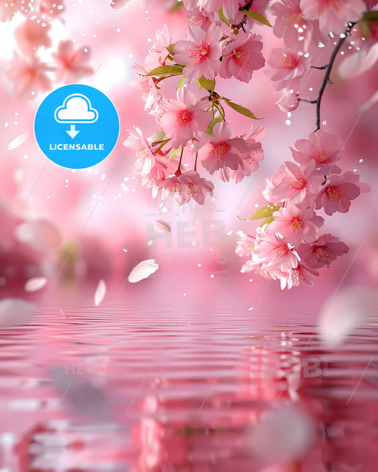 Ethereal Pink Serenity: Delicate Cherry Blossoms Dance on Rippling Waters, Petals Float Gracefully