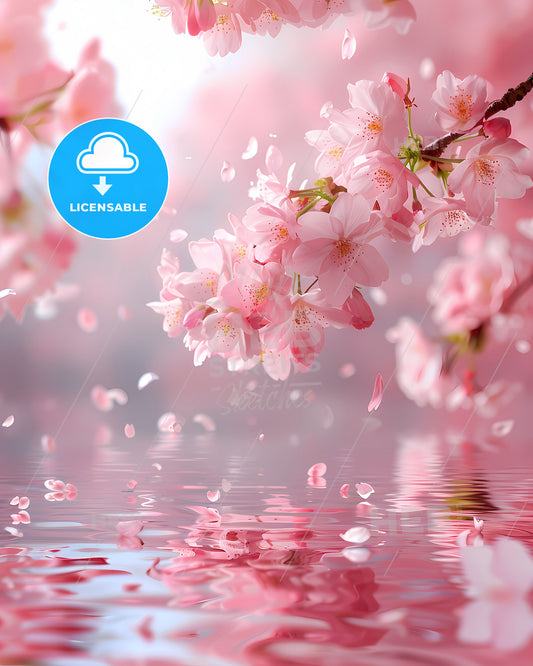 Ethereal Pink Floral Dream: Delicate Cherry Blossoms Dance on Rippling Waters Beneath Falling Petals and Blooming Branch