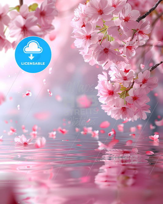 Ethereal Pink Bloom: Delicate Cherry Blossoms Floating in Rippling Water, Petals Dancing in the Air on a Vibrant Pink Background