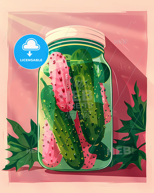 Vibrant Art Deco Style Digital Painting of a Jar of Pickles with Green and Red Pickles