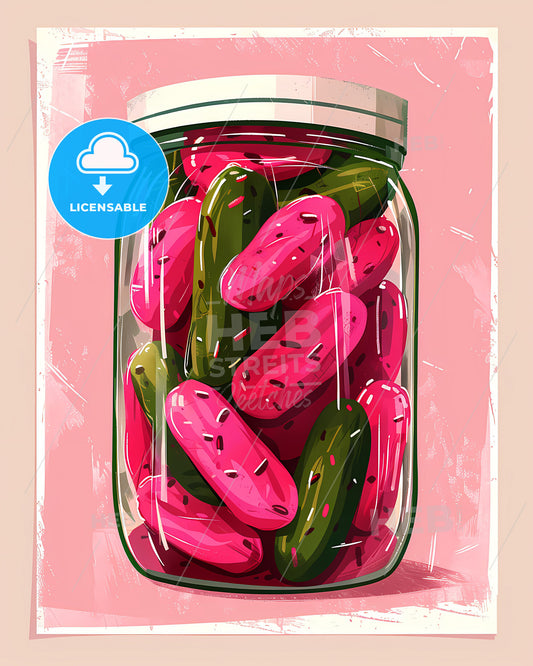 Artistic Pink Pickle Jar Illustration with Vibrant Colors and Clean Lines in a White Background