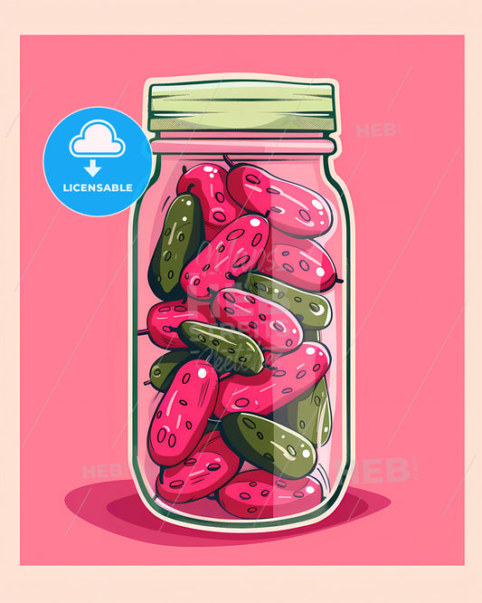 Vibrant Painting of Pink Pickles in Glass Jar, with White Border, on Pink Background, in Simple Illustration Style with Flat Colors, Pink and Green Color Palette